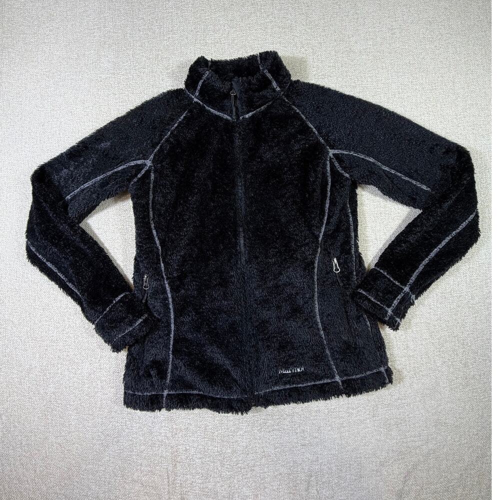Marmot Women Large Black Sherpa Fleece Jacket Zip Front Long Sleeve Cozy Warm